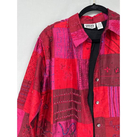 90s Vintage Jacket Womens Medium Pink Satin Patchwork Silk Beaded Boho Cottage - Picture 5 of 9